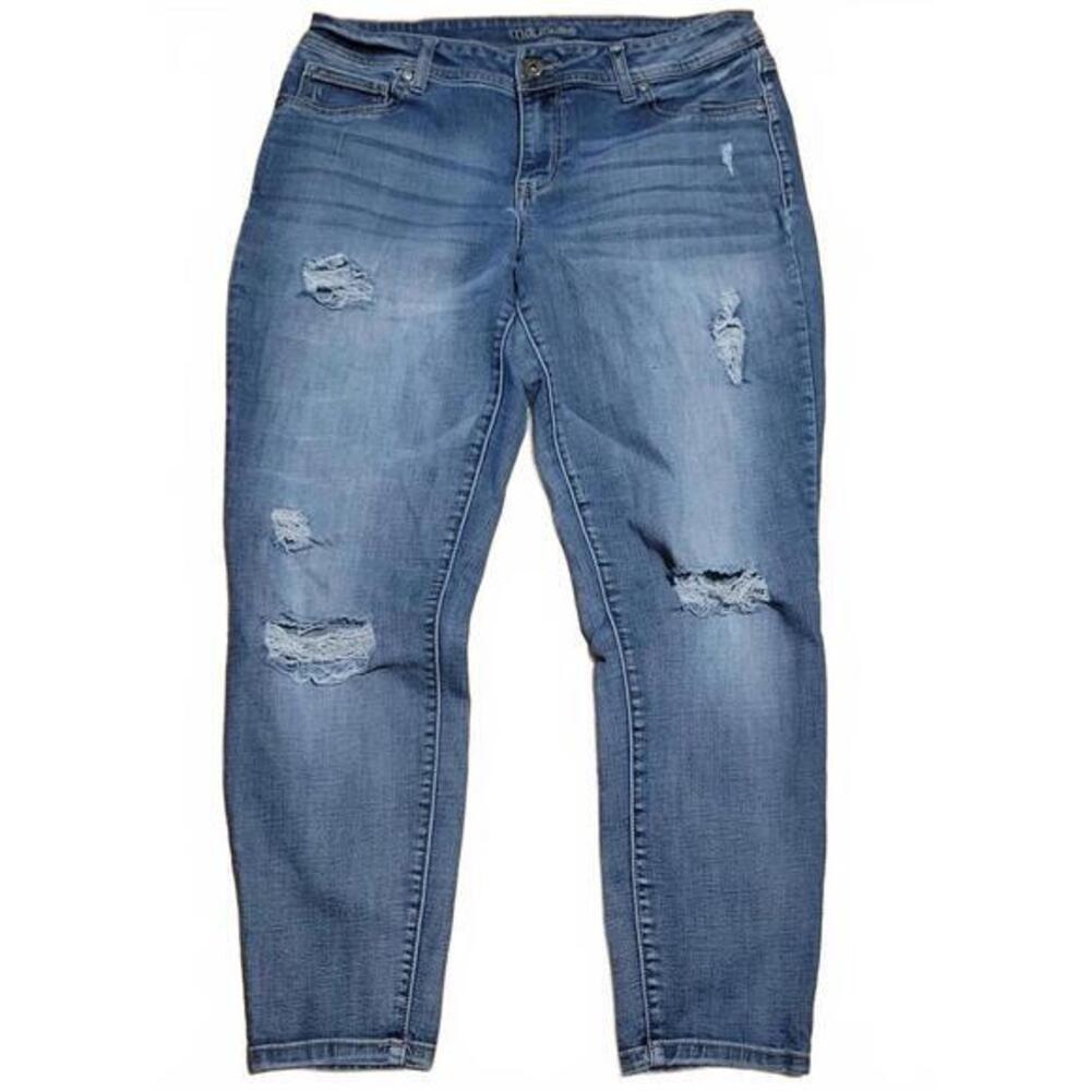 Maurices Womens Distressed Skinny Jeans Medium Wash Ripped Denim Size L-S